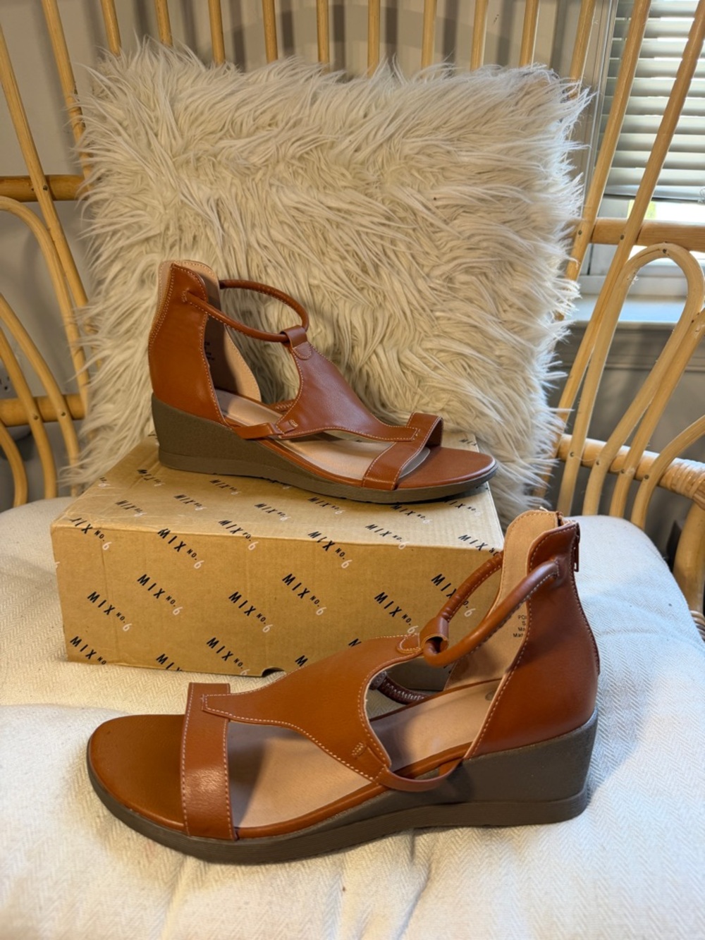 Mix No. 6 Tan Leather-Look Wedge Sandals with Ankle Strap